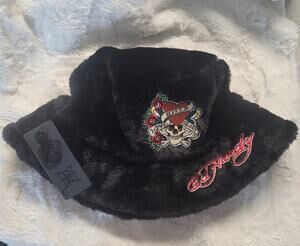 Ed Hardy faux fur embroidered bucket hat, New with tags
